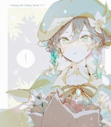 Rule 34 | !, 1boy, androgynous, beret, black hair, blue hair, bouquet, bow, braid, brooch, cape, character name, collared cape, collared shirt, commentary, commentary request, english text, et gnsn, flower, gem, genshin impact, gradient hair, green eyes, green hat, hair flower, hair ornament, happy birthday, hat, highres, jewelry, leaf, male focus, multicolored hair, open mouth, red flower, shirt, short hair with long locks, simple background, solo, sparkle, spoken exclamation mark, symbol-only commentary, twin braids, venti (genshin impact), white flower, white shirt