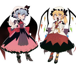 Rule 34 | 2girls, :d, :q, ascot, asymmetrical legwear, bat wings, black footwear, blonde hair, blue hair, clenched hands, closed mouth, commentary, crystal, dress, fang, flandre scarlet, full body, gloves, hair between eyes, hat, high heels, highres, looking at viewer, mob cap, multiple girls, nyong nyong, one side up, open mouth, pink dress, pointy ears, puffy short sleeves, puffy sleeves, red ascot, red eyes, remilia scarlet, short hair, short sleeves, siblings, simple background, sisters, smile, standing, symbol-only commentary, tongue, tongue out, touhou, v, white background, white gloves, white headwear, wings, yellow ascot