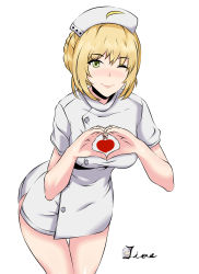 Rule 34 | 1girl, ;), absurdres, ahoge, alternate costume, artist name, artoria pendragon (all), artoria pendragon (fate), blush, breasts, buttons, closed mouth, fate/stay night, fate (series), green eyes, hand gesture, hat, heart, heart hamds, heart hands, highres, hisage nanji, large breasts, leaning forward, looking at viewer, no pants, nurse, nurse cap, one eye closed, pink lips, saber (fate), shiny skin, short hair, short sleeves, side slit, simple background, smile, solo, thigh gap, white background