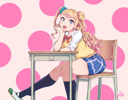 Rule 34 | 10s, 1girl, 2016, asymmetrical hair, black socks, blonde hair, blue eyes, blue skirt, blue socks, blush, bow, breasts, chair, collared shirt, desk, earrings, eyelashes, female focus, galko, gradient hair, hair bun, hair ornament, hair scrunchie, hand on own cheek, hand on own face, head rest, highres, hori shin, jewelry, kneehighs, large breasts, leg up, long hair, looking at viewer, multicolored hair, on chair, one side up, open clothes, oshiete! galko-chan, pink hair, pink lips, plaid, plaid skirt, pleated skirt, polka dot, polka dot background, red bow, school desk, school uniform, scrunchie, shirt, shoe dangle, shoes, side bun, signature, single side bun, sitting, skirt, sleeves rolled up, socks, solo, sweater vest, thick thighs, thighs, uwabaki, wavy hair, white shirt