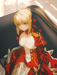 Rule 34 | 1girl, blonde hair, breasts, cleavage, fate/grand order, fate (series), fov ps, french hair, green eyes, medium breasts, nero claudius (fate), nero claudius (fate) (all), nero claudius (fate/extra), smile, solo