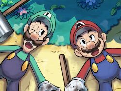 Rule 34 | 2boys, blue overalls, brothers, dirty, dirty clothes, facial hair, gloves, grass, green headwear, green shirt, hammer, highres, luigi, male focus, mario, mario &amp; luigi rpg, mario &amp; luigi rpg (style), mario (series), multiple boys, mustache, nintendo, on ground, one eye closed, open mouth, outdoors, overalls, red headwear, red shirt, shirt, siblings, teeth, upper teeth only, white gloves, ya mari 6363