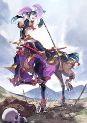 Rule 34 | 1girl, animal ears, armor, armpits, arms up, black hair, blue eyes, breasts, centaur, cloud, covered erect nipples, detached sleeves, from below, highres, holding, holding sword, holding weapon, horse ears, karen (ze), katana, large breasts, long hair, monster girl, mountain, open mouth, original, outdoors, ponytail, sheath, sheathed, skull, solo, sword, taur, teeth, water, weapon, z-ton