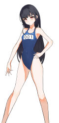 Rule 34 | 1girl, absurdres, black hair, blue one-piece swimsuit, breasts, feet out of frame, hand on own hip, highres, legs, long hair, looking at viewer, name tag, one-piece swimsuit, original, red eyes, sak1 01, school swimsuit, simple background, small breasts, standing, swimsuit, white background