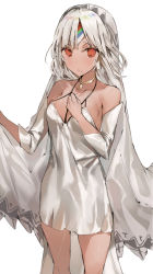 Rule 34 | 10s, 1girl, altera (fate), alternate costume, bare shoulders, blush, breasts, cleavage, closed mouth, collarbone, detached sleeves, dress, fate/extella, fate/extra, fate/grand order, fate (series), feet out of frame, full-body tattoo, hand on own chest, headdress, highres, jewelry, legs, looking at viewer, necklace, red eyes, short hair, silver dress, simple background, solo, standing, tagme, tan, tattoo, thighs, veil, white background, white hair, yuuko (030 yuko)