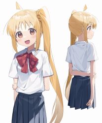 Rule 34 | 1girl, arm behind back, blonde hair, blue skirt, blush, bocchi the rock!, bow, bowtie, brown eyes, closed mouth, collared shirt, highres, ijichi nijika, long hair, multiple views, open mouth, pleated skirt, red bow, red bowtie, school uniform, shirt, short sleeves, side ponytail, simple background, skirt, very long hair, wagashi928, white background, white shirt