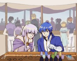 Rule 34 | 1boy, 1girl, bare shoulders, blue eyes, blue hair, brother and sister, commentary, dress, english commentary, fire emblem, fire emblem: genealogy of the holy war, gloves, julia (fire emblem), nintendo, purple eyes, purple hair, seliph (fire emblem), shopping, siblings, smile, yeorel