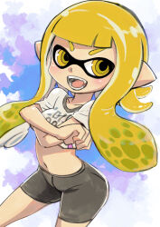 Rule 34 | 1girl, bike shorts, black shorts, blonde hair, clothes lift, domino mask, fangs, highres, inkling, inkling girl, inkling player character, lifting own clothes, long sleeves, mask, muramasa mikado, navel, nintendo, open mouth, pointy ears, shirt, shirt lift, short sleeves, shorts, smile, solo, splatoon (series), suction cups, tentacle hair, thighs, undressing, white shirt, yellow eyes