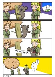 Rule 34 | 2girls, 4koma, afro, animal, belt, blunt bangs, brown shirt, brown shorts, clinging, closed mouth, collared shirt, comforting, comic, commentary, crying, crying with eyes open, flag, frown, girls und panzer, hair ribbon, holding, holding animal, hug, imagining, kamonohashi (girls und panzer), koala, koala forest military uniform, kogane (staygold), log, long hair, looking at another, medium hair, messy hair, multiple girls, one-hour drawing challenge, orange hair, ponytail, red ribbon, ribbon, sam browne belt, shirt, short hair, short sleeves, shorts, spoilers, t t, tearing up, tears, twintails, wallaby (girls und panzer), white flag