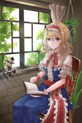 Rule 34 | 1girl, alice margatroid, blonde hair, blue dress, blue eyes, book, capelet, center frills, chair, doll, dress, erisauria, frilled hairband, frills, hairband, highres, holding, holding book, indoors, kirisame marisa, lolita hairband, looking at viewer, red hairband, short hair, short sleeves, sitting, solo, touhou, white capelet, wrist cuffs