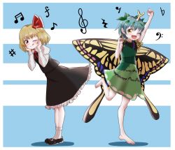 Rule 34 | 2girls, alinoce716, antennae, aqua hair, arm up, barefoot, bass clef, beamed sixteenth notes, black footwear, black skirt, black vest, blonde hair, blush, butterfly wings, closed mouth, collared shirt, dress, eighth note, eighth rest, eternity larva, fairy, flat sign, forte (symbol), green dress, highres, insect wings, leaf, leaf on head, long sleeves, multicolored clothes, multicolored dress, multiple girls, musical note, one eye closed, open mouth, orange eyes, quarter rest, red eyes, rumia, sharp sign, shirt, shoes, short hair, short sleeves, skirt, smile, socks, tongue, tongue out, touhou, treble clef, vest, white shirt, white socks, wings