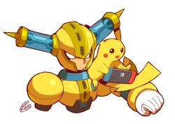 Rule 34 | android, artist name, capcom, cropped torso, crossover, dated, fuse man, gen 1 pokemon, gloves, helmet, looking to the side, nintendo, nintendo switch, on shoulder, pikachu, pokemon, pokemon (creature), portrait, power connection, red eyes, mega man (series), mega man (classic), mega man 11, tomycase, white gloves
