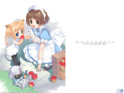 Rule 34 | 2girls, animal ears, apple, cat ears, cat tail, food, fruit, gagraphic, holding, holding food, holding fruit, maid, mibu natsuki, multiple girls, tail, wallpaper