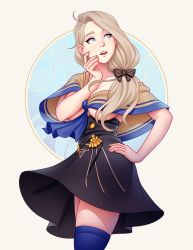 Rule 34 | 1girl, black skirt, blonde hair, blue eyes, bow, breasts, capelet, cleavage, fire emblem, fire emblem: three houses, fire emblem heroes, garreg mach monastery uniform, gold trim, hair bow, hair ornament, hand on own hip, hand on own cheek, hand on own face, large breasts, long hair, looking to the side, mercedes von martritz, nail polish, nintendo, no bra, pale skin, simple background, skirt, source request, thighhighs, thighs, topless male, tsuaii, wind, wind lift