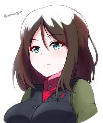 Rule 34 | 1girl, amogan, black hair, black vest, blue eyes, closed mouth, commentary, girls und panzer, green jacket, highres, jacket, light frown, long hair, long sleeves, looking to the side, military, military uniform, nonna (girls und panzer), portrait, pravda military uniform, red shirt, shirt, simple background, solo, swept bangs, turtleneck, twitter username, uniform, vest, white background