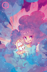 Rule 34 | 1girl, artist name, barachan, bee (bee and puppycat), bee and puppycat, bell, crystal, floating, floating object, glowing, jingle bell, long hair, long sleeves, looking at viewer, official art, open mouth, puppycat, purple eyes, purple hair, smile, solo, sparkle
