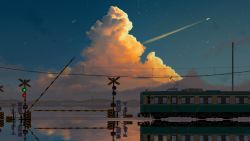 Rule 34 | absurdres, chinese commentary, cloud, commentary request, evening, highres, no humans, original, power lines, railroad crossing, scenery, sky, star (sky), starry sky, train, utility pole, water, yu jing