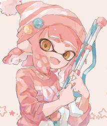 Rule 34 | 1girl, beanie, commentary request, gun, hat, highres, holding, holding gun, holding weapon, inkling, inkling girl, inkling player character, medium hair, nintendo, open mouth, pink hair, pink hat, pink shirt, pointy ears, print shirt, shirt, simple background, smile, solo, splatoon (series), splatoon 3, squiffer (splatoon), tentacle hair, thick eyebrows, upper body, weapon, white background, yellow eyes, yksb inc6