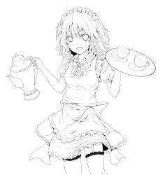 Rule 34 | 1girl, braid, cup, dabadhi, female focus, garter straps, greyscale, izayoi sakuya, lineart, maid, maid headdress, monochrome, open mouth, short hair, simple background, smile, solo, tea, teacup, teapot, thighhighs, touhou, tray, twin braids