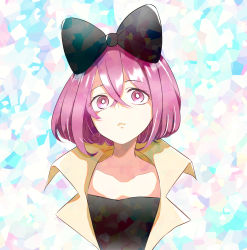 Rule 34 | 1girl, abstract background, absurdres, black bow, bow, cropped arms, hair between eyes, hair bow, highres, j0h (j000h3), looking at viewer, medium hair, pink eyes, pink hair, pppppp, solo, upper body, yamanaka meloli