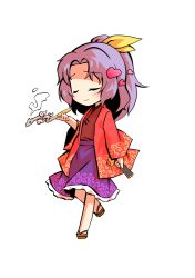 Rule 34 | 1girl, blush, bow, brown footwear, chibi, closed mouth, dairi, hand fan, hand up, heart, holding, holding fan, japanese clothes, kimono, komakusa sannyo, long sleeves, medium hair, multicolored clothes, ponytail, purple hair, red sleeves, ribbon, simple background, smile, solo, standing, tachi-e, touhou, transparent background, white background, yellow ribbon
