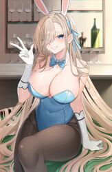 Rule 34 | 1girl, absurdly long hair, absurdres, anientte, animal ears, arm support, asuna (blue archive), asuna (bunny) (blue archive), asymmetrical bangs, bar (place), bare shoulders, blue archive, blue bow, blue bowtie, blue eyes, blue leotard, blue ribbon, blurry, blurry background, blush, bow, bowtie, breasts, brown pantyhose, cleavage, collarbone, commentary, covered navel, detached collar, elbow gloves, english commentary, fake animal ears, gloves, grin, hair behind ear, hair over one eye, hair ribbon, hand up, highleg, highleg leotard, highres, indoors, knee up, large breasts, leotard, light blush, light brown hair, long bangs, long hair, looking at viewer, mole, mole on breast, official alternate costume, pantyhose, playboy bunny, rabbit ears, ribbon, shiny clothes, sitting, sitting on table, smile, solo, strapless, strapless leotard, swept bangs, traditional bowtie, very long hair, w, white gloves, wide hips