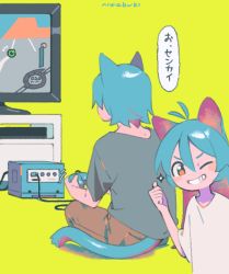 Rule 34 | 1boy, 1girl, animal ears, antenna hair, aqua hair, artist name, bad id, bad pixiv id, blush stickers, brother and sister, brown pants, cat boy, cat ears, cat tail, controller, dot nose, facing away, game console, game controller, gamecube, gamecube controller, gamepad, green background, grey shirt, grin, hair between eyes, hand up, holding, holding controller, holding game controller, indian style, kirby (series), kirby air ride, long hair, looking at viewer, monitor, motion lines, nintendo, niwabuki, noshime ruka, one eye closed, orange eyes, original, pants, playing games, satonaka kei, shirt, short sleeves, siblings, signature, sitting, smile, sparkle, speech bubble, tail, tareme, television, thumbs up, translation request, v-shaped eyebrows, video game, white shirt