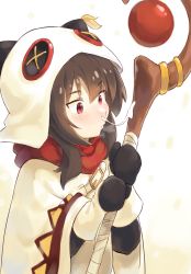 Rule 34 | 1girl, absurdres, black hair, black mittens, blush, commentary, highres, holding, holding staff, hood, hood up, kono subarashii sekai ni shukufuku wo!, looking at object, megumin, mittens, monane4, mucus, parka, red eyes, red scarf, scarf, sidelocks, sneezing, snot, snot trail, solo, staff, standing, upper body, white background, white mittens, winter uniform