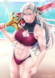Rule 34 | 1girl, abs, absurdres, aurelia le guin, bikini, braid, breasts, cleavage, cleavage cutout, clothing cutout, earrings, eiyuu densetsu, french braid, highres, holding, holding sword, holding weapon, huge weapon, jewelry, long hair, looking at viewer, magpul21, muscular, muscular female, purple eyes, sen no kiseki, smile, solo, swimsuit, sword, weapon, white hair