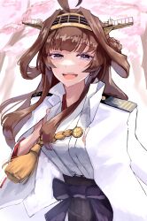 Rule 34 | 1girl, absurdres, ahoge, black skirt, brown hair, commentary request, double bun, gold hairband, hair bun, hairband, headgear, highres, jacket, jacket on shoulders, japanese clothes, kantai collection, kongou (kancolle), kongou kai ni (kancolle), military jacket, nontraditional miko, open mouth, panda (heart sink), popped collar, purple eyes, skirt, smile, solo, tree, upper body