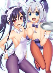 Rule 34 | 2girls, animal ears, armpits, asymmetrical docking, black hair, blue eyes, blush, bow, bowtie, breast press, breasts, brown legwear, rabbit ears, cross-laced clothes, detached collar, embarrassed, fake animal ears, flat chest, jitome, large breasts, leotard, long hair, multiple girls, open mouth, ore twintail ni narimasu, pantyhose, playboy bunny, purple legwear, red eyes, shoes, sidelocks, sigemi, small breasts, smile, thigh gap, tray, tsube aika, twintails, twoearle, wavy mouth, white hair, wrist cuffs