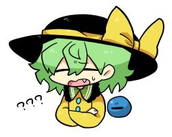 Rule 34 | 1girl, ?, black hat, buttons, chibi, closed eyes, confused, crossed arms, fang, fang out, green hair, hat, highres, komeiji koishi, long sleeves, open mouth, ribbon, shirt, simple background, third eye, touhou, white background, yellow ribbon, yellow shirt, zunusama