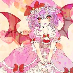 Rule 34 | 1girl, ascot, bad id, bad pixiv id, bat wings, bow, dress, english text, female focus, frills, hat, hat bow, heart, purple hair, red eyes, remilia scarlet, short sleeves, slit pupils, solo, touhou, vampire, wings, wrist cuffs, yutsumoe