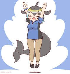 Rule 34 | 1girl, arms up, black footwear, black hair, black shirt, blonde hair, blowhole, blue hair, blue shirt, blush, brown pants, cetacean tail, closed eyes, collared shirt, common dolphin (kemono friends), coroha, dolphin girl, dorsal fin, fins, fish tail, jumping, kemono friends, kemono friends 3, multicolored hair, official alternate costume, open mouth, pants, school uniform, shirt, short hair, short sleeves, smile, solo, t-shirt, tail, two-tone shirt, white hair, wristband