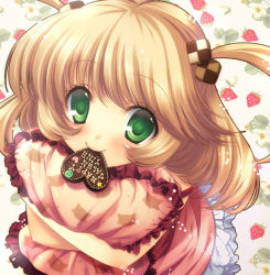 Rule 34 | 1girl, blonde hair, candy, chocolate, chocolate heart, cookie, food, green eyes, hair ornament, happy valentine, heart, looking at viewer, mitsumomo mamu, mouth hold, hugging object, original, pillow, pillow hug, short hair, smile, solo, two side up, valentine