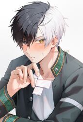 1boy black_hair blush buttons heterochromia highres jacket long_sleeves male_focus multicolored_hair paper parted_lips popped_collar rorol7865 sakura_haruka_(wind_breaker) school_uniform shirt short_hair solo split-color_hair sweatdrop v-shaped_eyebrows white_hair white_shirt wind_breaker_(nii_satoru)