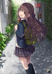 Rule 34 | 1girl, alley, backpack, bag, blazer, blue jacket, bow, bowtie, brown eyes, brown hair, dappled sunlight, day, dress, from behind, green bag, head tilt, highres, jacket, kneehighs, lamppost, leaf, long hair, looking at viewer, looking back, neme1228, open mouth, original, outdoors, pleated dress, pointing, red bow, red bowtie, road, signature, smile, socks, solo, standing, stone wall, storefront, sunlight, sweater, thighhighs, uniform, wall, window