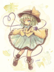 Rule 34 | 1girl, black hat, black socks, blouse, blue eyes, brown footwear, closed mouth, collared shirt, commentary request, eyeball, floral print, frilled shirt collar, frilled skirt, frilled sleeves, frills, full body, green hair, green skirt, hat, heart, heart of string, highres, kneehighs, komeiji koishi, kouba, long sleeves, print skirt, rose print, shirt, skirt, socks, solo, third eye, touhou, wide sleeves, yellow shirt