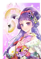 Rule 34 | 1girl, blush, border, bow, closed mouth, cure magical, flower, hair bow, hair flower, hair ornament, highres, japanese clothes, kimono, long hair, long sleeves, looking at viewer, mahou girls precure!, manekineko5319, outline, precure, purple eyes, purple flower, purple hair, purple kimono, red bow, sleeveless, sleeveless kimono, smile, solo, upper body, very long hair, white border, wide sleeves