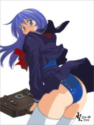 Rule 34 | ass, blue hair, clothes lift, competition swimsuit, high cut kingdom, nyanko batake, one-piece swimsuit, school uniform, skirt, skirt lift, swimsuit, thighhighs