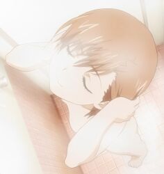 Rule 34 | 00s, 1girl, 2009, ass, bare legs, bare shoulders, barefoot, bathhouse, breasts, brown hair, closed eyes, collarbone, completely nude, fanservice, female focus, flat chest, from above, indoors, misaka mikoto, nude, official art, screencap, short hair, shower (place), showering, small breasts, smile, solo, standing, steam, toaru kagaku no railgun, toaru majutsu no index, toes, washing, wet