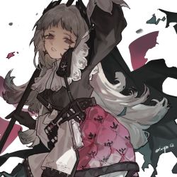 Rule 34 | 1girl, arknights, arm up, belt, black cape, black gloves, black jacket, cape, cowboy shot, gloves, grey eyes, grey hair, gun, head wings, highres, holding, irene (arknights), jacket, layered skirt, long hair, long sleeves, looking at viewer, parted lips, puffy long sleeves, puffy sleeves, purple skirt, signature, simple background, skirt, solo, torn cape, torn clothes, very long hair, weapon, white background, white skirt, wings, yipingtaopuzi