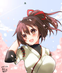 Rule 34 | 1girl, aircraft, airplane, brown eyes, brown hair, cherry blossoms, contrail, dated, day, hair ribbon, highres, ise (kancolle), kantai collection, mashiro yukiya, open mouth, petals, ponytail, ribbon, short hair, signature, sky, smile, solo, undershirt, upper body