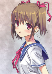 Rule 34 | 1girl, blush, brown hair, female focus, gaou (umaiyo puyoman), gradient background, hair ribbon, highres, looking at viewer, open mouth, original, red eyes, ribbon, school uniform, short hair, short twintails, solo, twintails, uniform, upper body