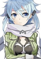 Rule 34 | 10s, 1girl, aqua hair, asada shino, blue eyes, blue hair, breasts, cleavage, frown, green jacket, hair ornament, hairclip, jacket, long sleeves, matching hair/eyes, scarf, short hair, simple background, sinon, small breasts, solo, sword art online, white background