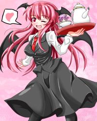 Rule 34 | 2girls, ;d, bat wings, blush, breasts, crescent, cup, dress shirt, fang, hat, head wings, heart, in container, in cup, koakuma, large breasts, long hair, long sleeves, looking at viewer, mini person, minigirl, multiple girls, necktie, one eye closed, open mouth, pantyhose, patchouli knowledge, purple eyes, purple hair, rakku (10219563), red eyes, red hair, red necktie, shirt, skirt, skirt set, smile, spoken heart, teacup, teapot, touhou, tray, very long hair, vest, white shirt, wings, wink