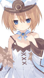 Rule 34 | 1girl, absurdres, bare shoulders, blanc (neptunia), blue eyes, brown hair, buran buta, coat, commentary, dress, flat chest, hair between eyes, hat, highres, looking at viewer, neptune (series), short hair, simple background, solo, white background, white dress
