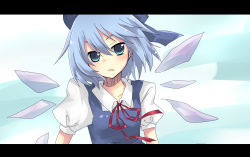 Rule 34 | 1girl, bad id, bad pixiv id, blue eyes, blue hair, blue ribbon, cirno, embodiment of scarlet devil, female focus, gradient background, hair ribbon, highres, letterboxed, looking at viewer, matching hair/eyes, ribbon, short hair, solo, souritu, touhou, wings