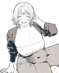Rule 34 | 1girl, breasts, bultong90, capybara, cleavage, closed eyes, denim, dungeon meshi, falin touden, falin touden (tallman), greyscale, hand in own hair, highres, jeans, large breasts, light blush, monochrome, pants, short hair, smile, white background