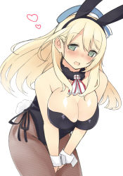 Rule 34 | 10s, 1girl, animal ears, atago (kancolle), bare shoulders, between legs, blonde hair, blue hat, blush, breasts, cleavage, detached collar, fake animal ears, fake tail, green eyes, hand between legs, hat, heart, kantai collection, large breasts, leaning forward, leotard, long hair, nekoume, open mouth, pantyhose, personification, playboy bunny, rabbit ears, rabbit tail, simple background, solo, standing, tail, white background, wrist cuffs